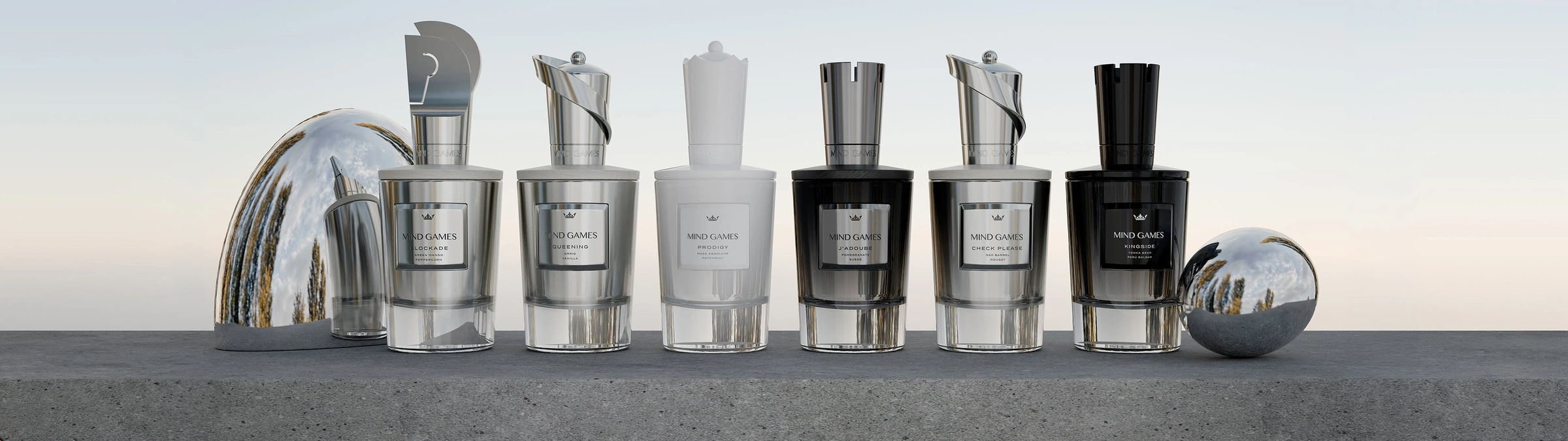 Mind Games best-selling fragrances displayed with sculptural metallic accents