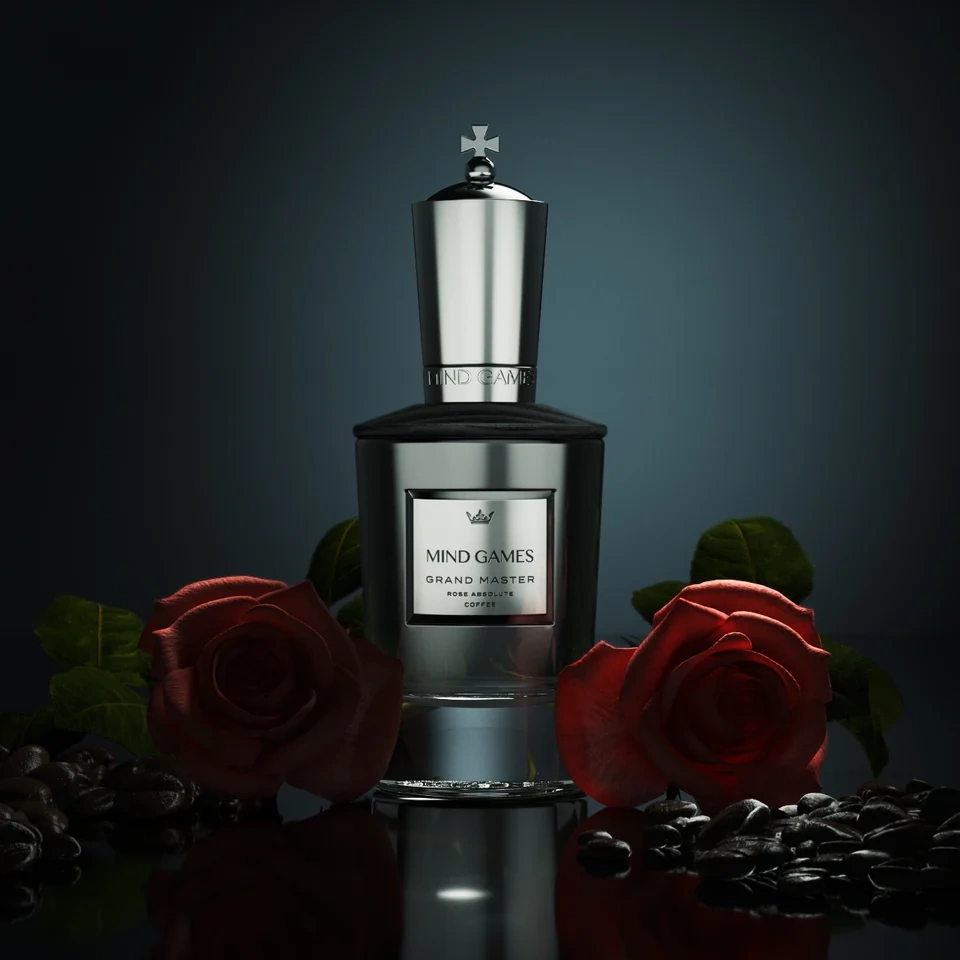 Mind Games Grand Master fragrance bottle with roses
