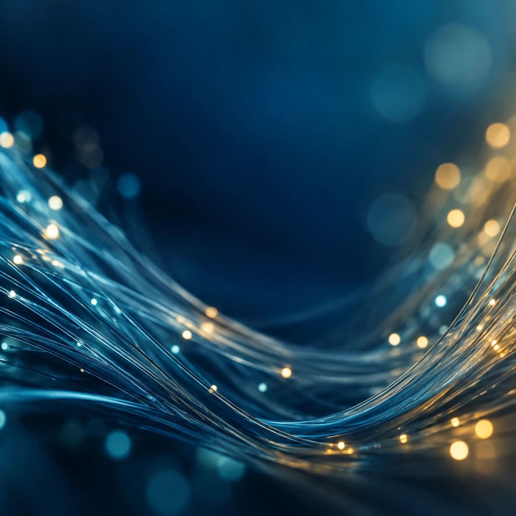 Illustrative macro photograph of fiber-optic strands representing connected digital services