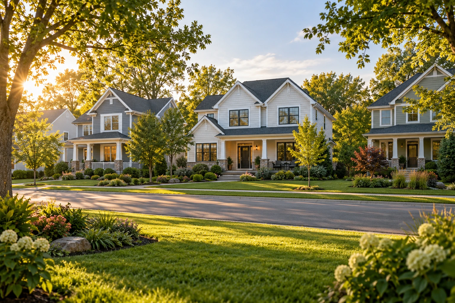 Illustrative residential neighborhood with well-maintained homes and landscaping