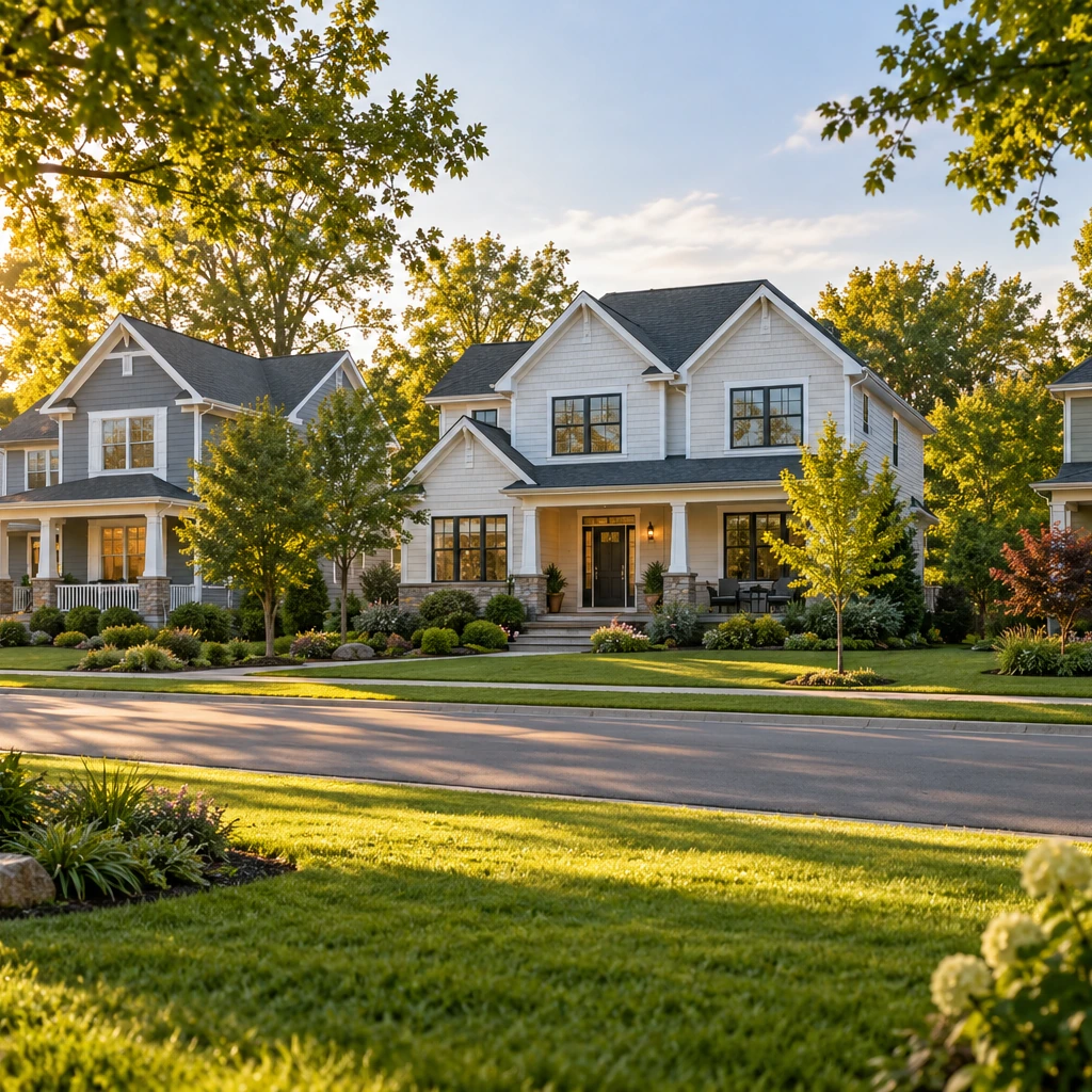 Illustrative residential neighborhood with well-maintained homes and landscaping