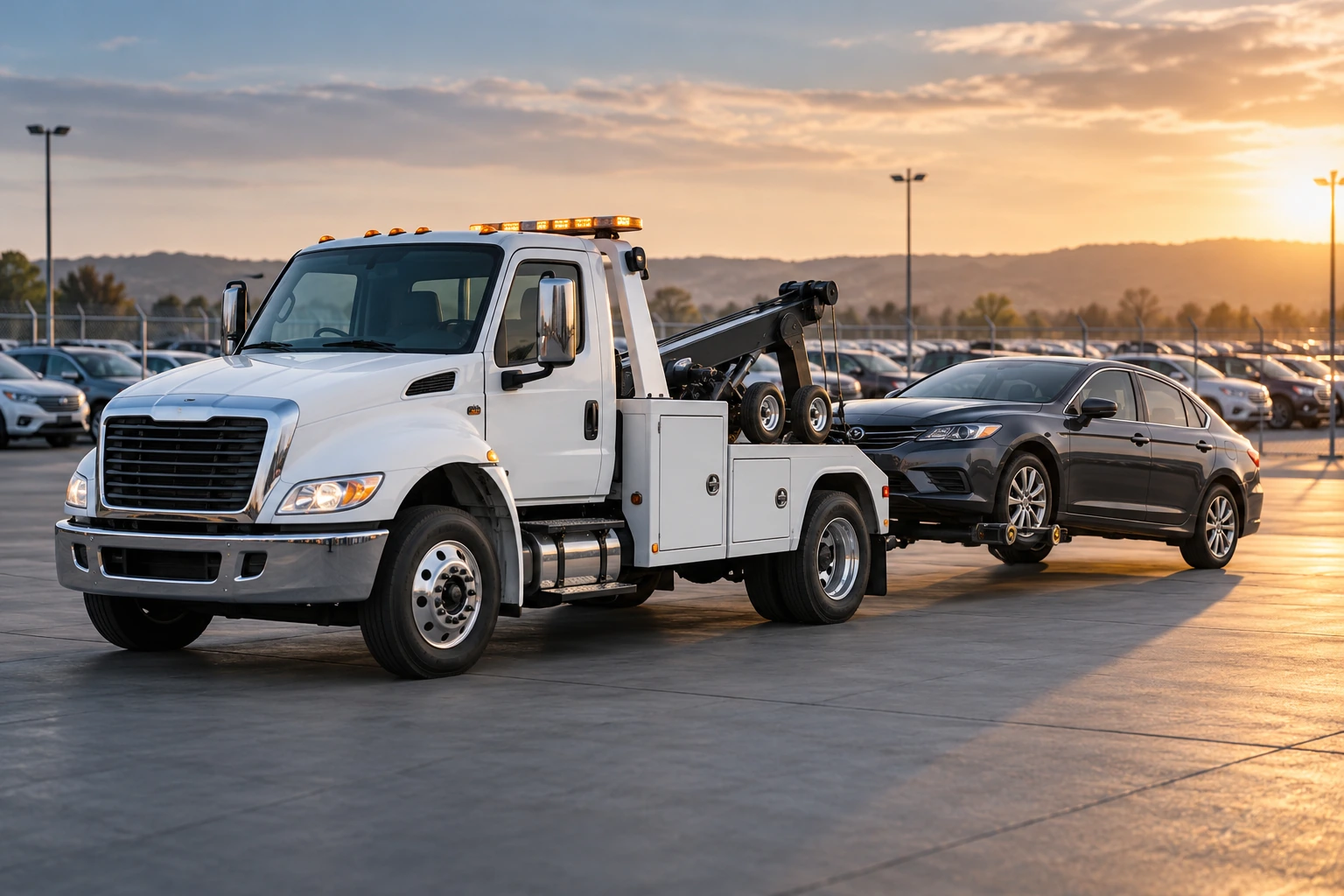 Illustrative tow truck transporting a sedan in a vehicle storage facility