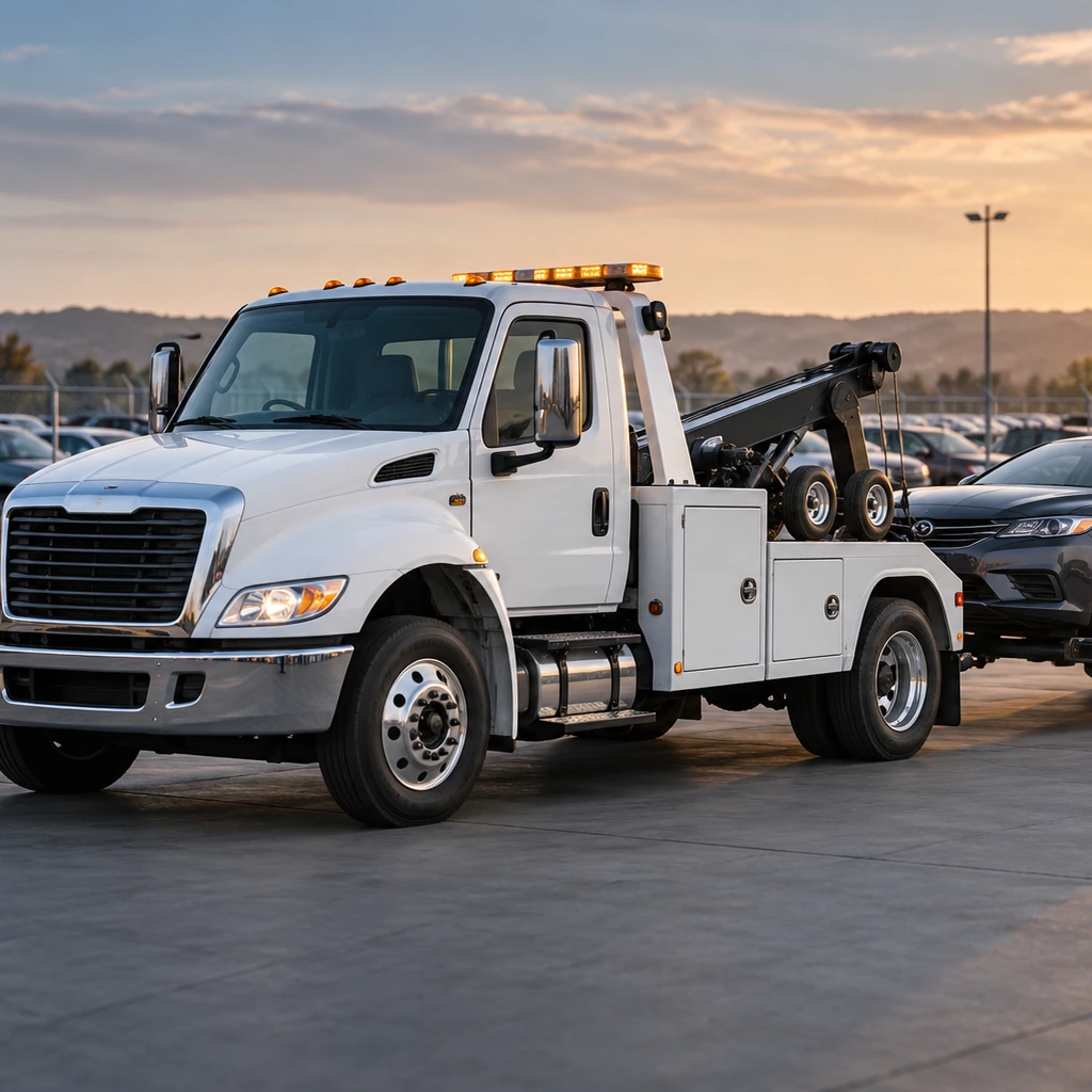 Illustrative tow truck transporting a sedan in a vehicle storage facility