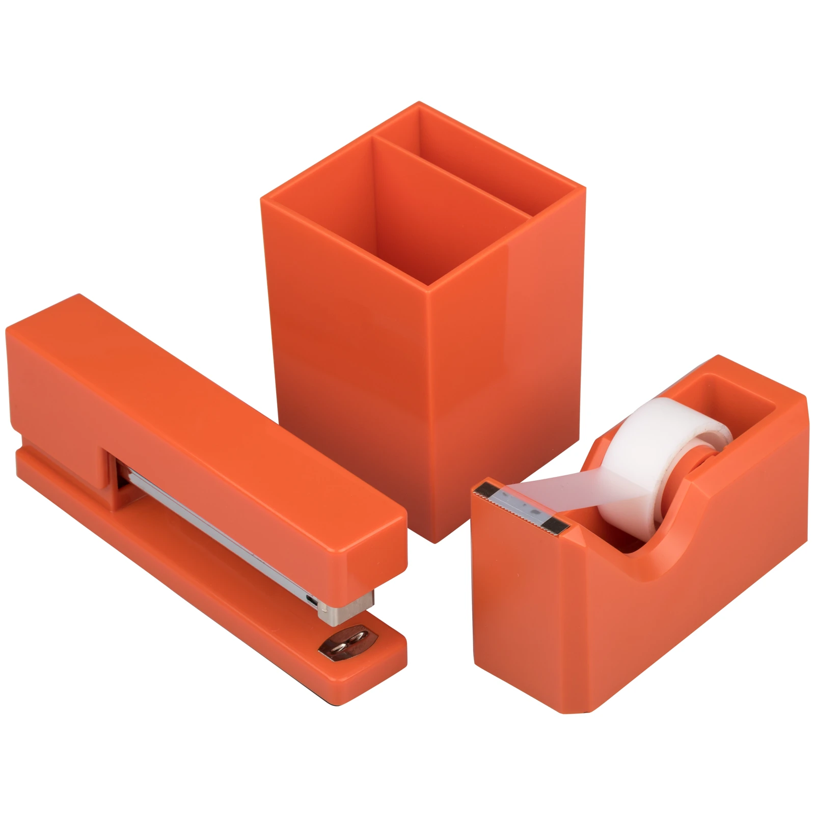Orange JAM Paper office accessories including a stapler, pencil holder and tape dispenser