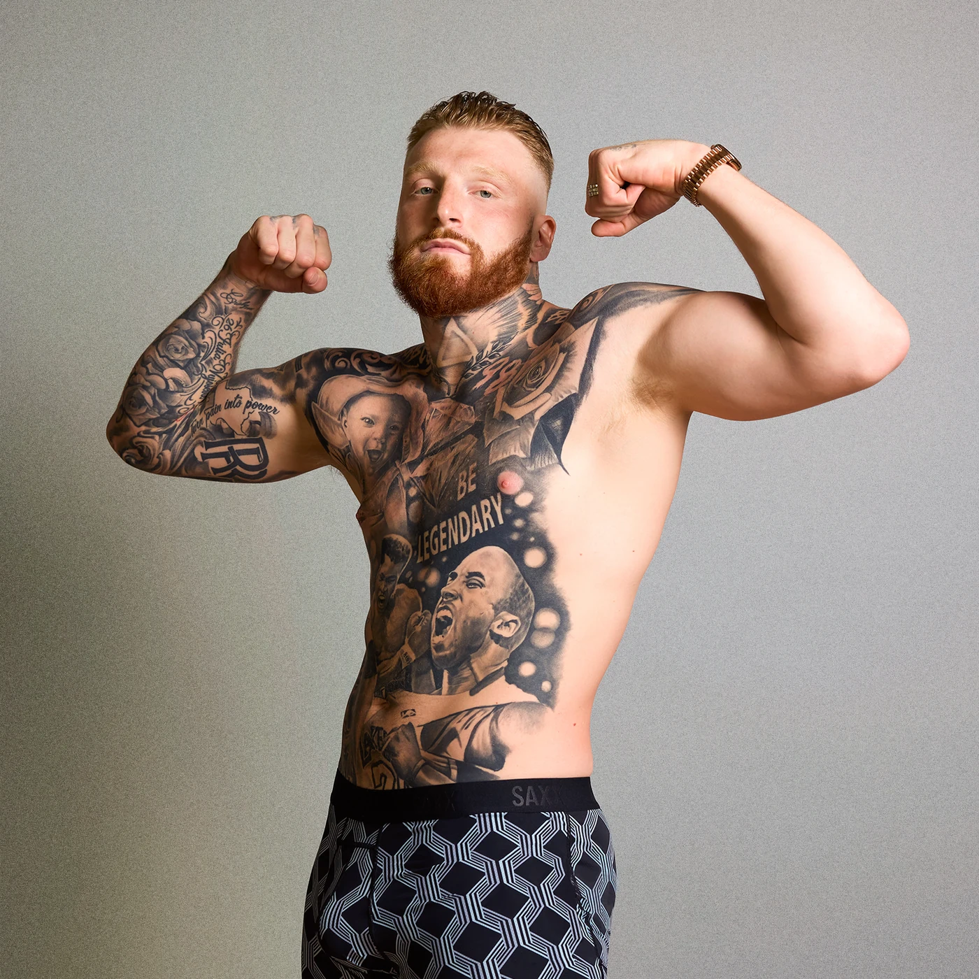 SAXX campaign featuring an athlete wearing patterned boxer briefs