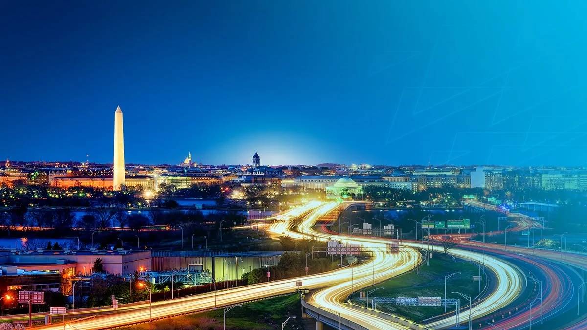 Washington, DC skyline and transportation infrastructure at night