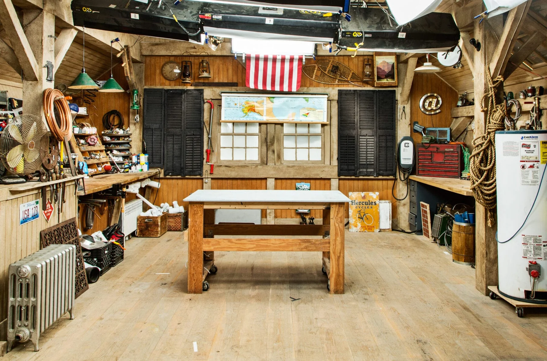 Woodworking tools and workbench in a This Old House workshop