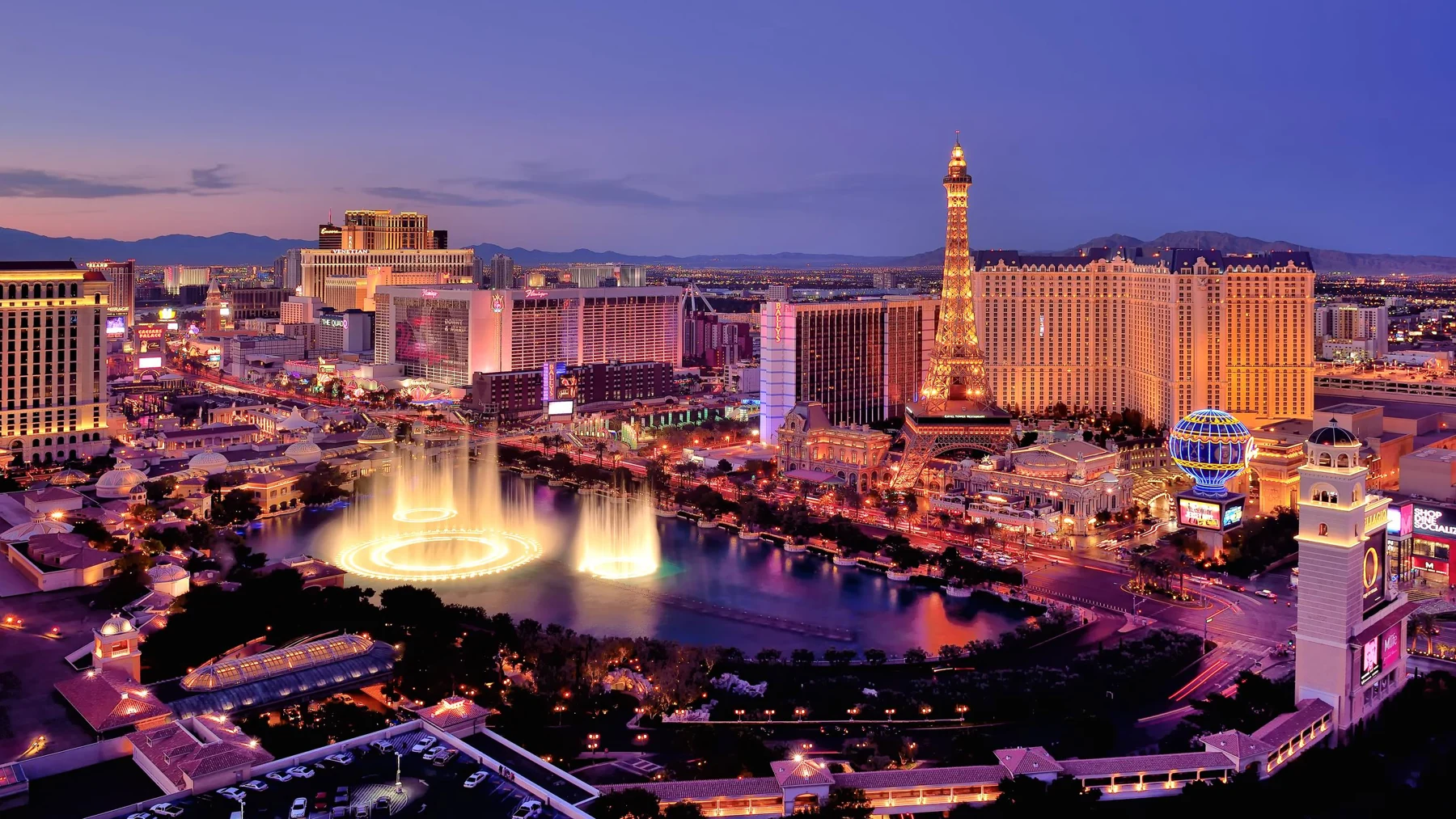 Las Vegas skyline and fountain panorama at dusk