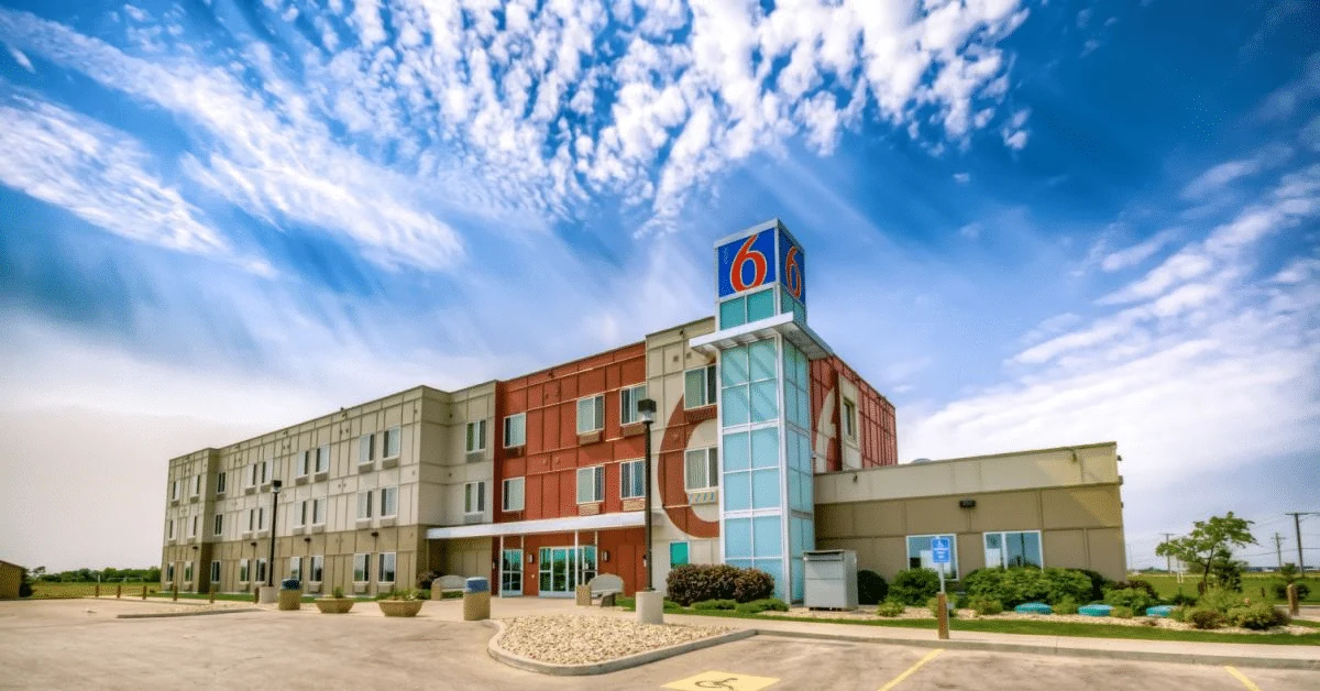 Hotel exterior with a blue sky