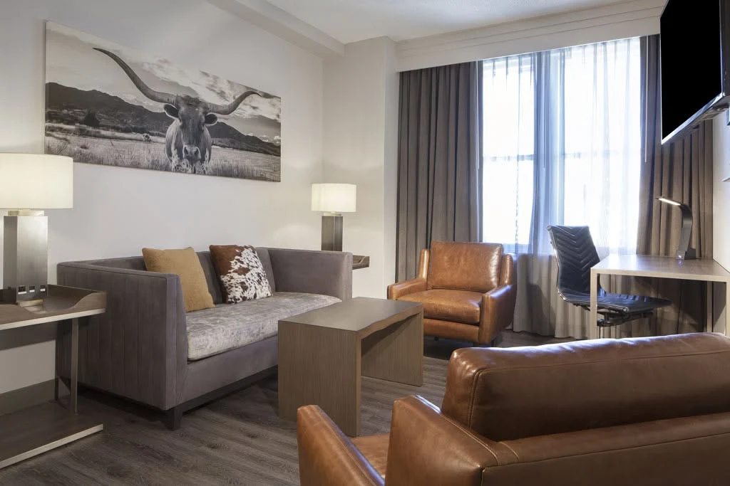 Furnished bedroom and seating area